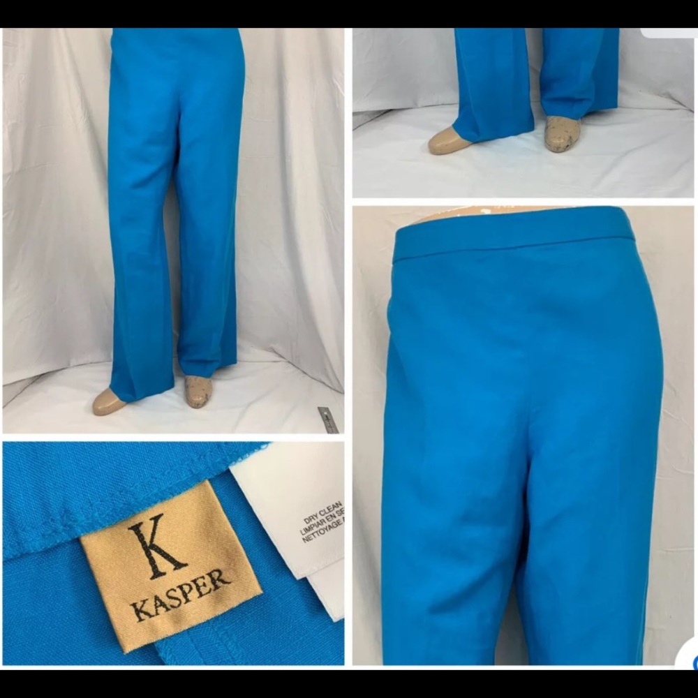 Kasper Pants S18 Blue Flat Front Linen Wide Leg
